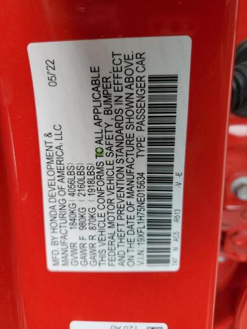 19XFL1H75NE015634 - 2022 HONDA CIVIC EXL 红色 照片 12