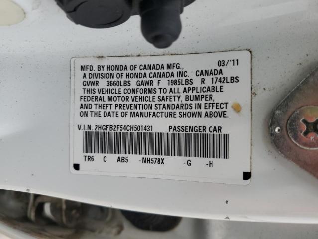 2HGFB2F54CH501431 - 2012 HONDA CIVIC LX WHITE photo 13