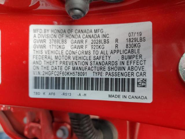 2HGFC2F60KH578091 - 2019 HONDA CIVIC LX RED photo 12