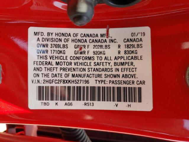 2HGFC2F8XKH527196 - 2019 HONDA CIVIC SPORT 红色 照片 12