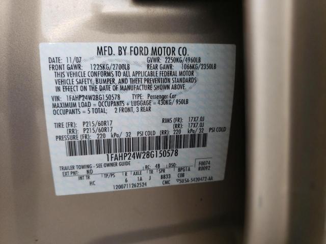 1FAHP24W28G150578 - 2008 FORD TAURUS SEL BEIGE photo 10