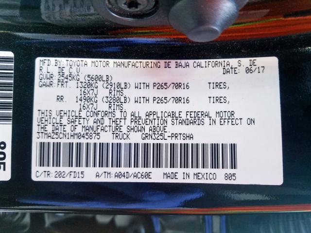 3TMAZ5CN1HM045875 - 2017 TOYOTA TACOMA DOUBLE CAB  照片 10