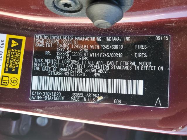 5TDJKRFHXFS212670 - 2015 TOYOTA HIGHLANDER XLE RED photo 13