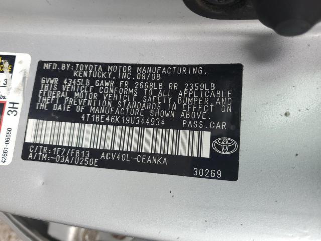 4T1BE46K19U344934 - 2009 TOYOTA CAMRY BASE SILVER photo 12