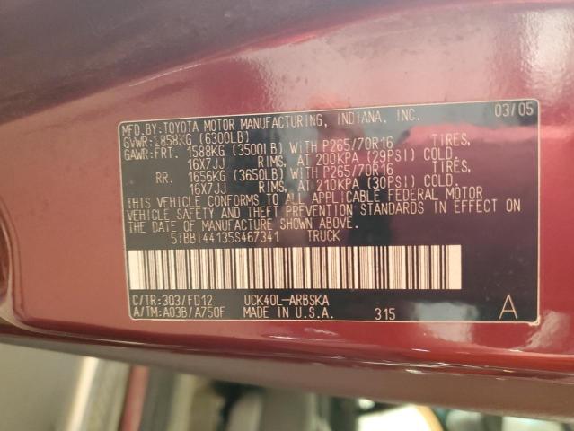 5TBBT44135S467341 - 2005 TOYOTA TUNDRA ACCESS CAB SR5 BURGUNDY photo 12