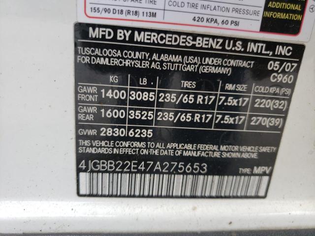 4JGBB22E47A275653 - 2007 MERCEDES-BENZ ML 320 CDI WHITE photo 10