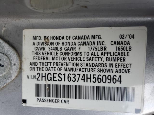 2HGES16374H560964 - 2004 HONDA CIVIC DX VP Արծաթագույն լուսանկար 12