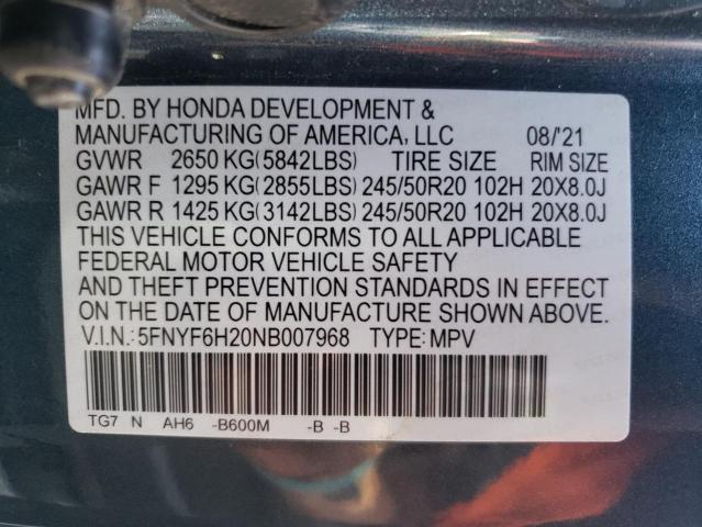 5FNYF6H20NB007968 - 2022 HONDA PILOT SE BLUE photo 13