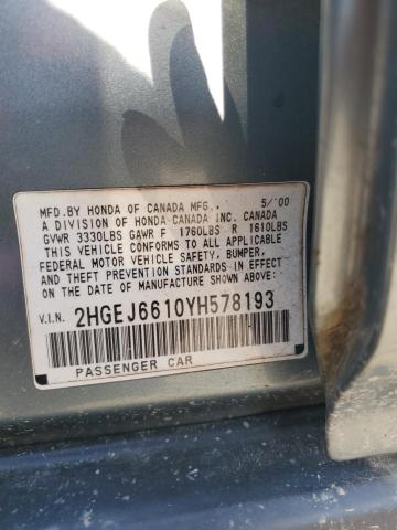 2HGEJ6610YH578193 - 2000 HONDA CIVIC BASE BLUE photo 12