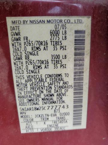 5N1AR18W25C777743 - 2005 NISSAN PATHFINDER LE 红色 照片 13