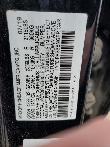 1HGCV1F42KA148681 - 2019 HONDA ACCORD EX შავი ფოტო 12