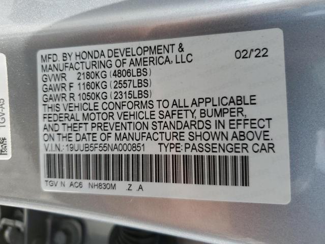 19UUB5F55NA000851 - 2022 ACURA TLX TECH A GRAY photo 12