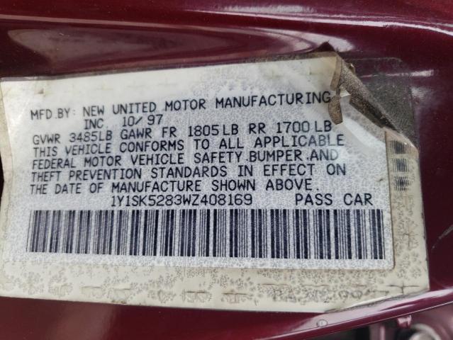 1Y1SK5283WZ408169 - 1998 CHEVROLET GEO PRIZM BASE BURGUNDY photo 12