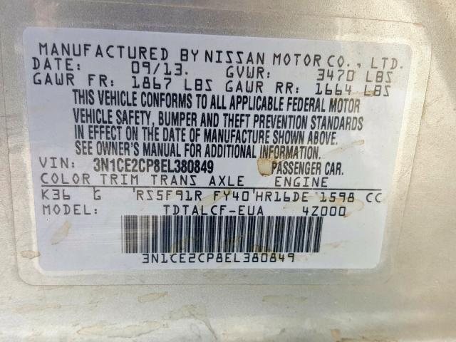 3N1CE2CP8EL380849 - 2014 NISSAN VERSA NOTE S  photo 10