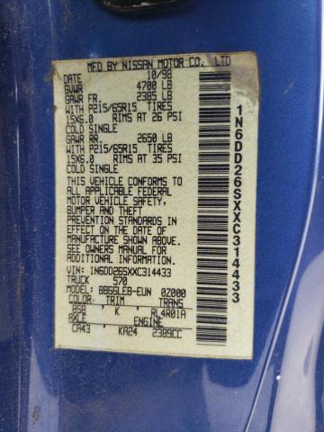 1N6DD26SXXC314433 - 1999 NISSAN FRONTIER KING CAB XE BLUE photo 12