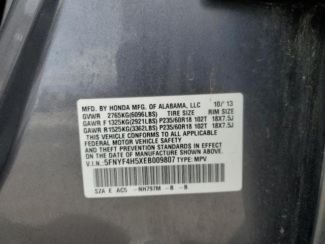 5FNYF4H5XEB009807 - 2014 HONDA PILOT EXL GRAY photo 14