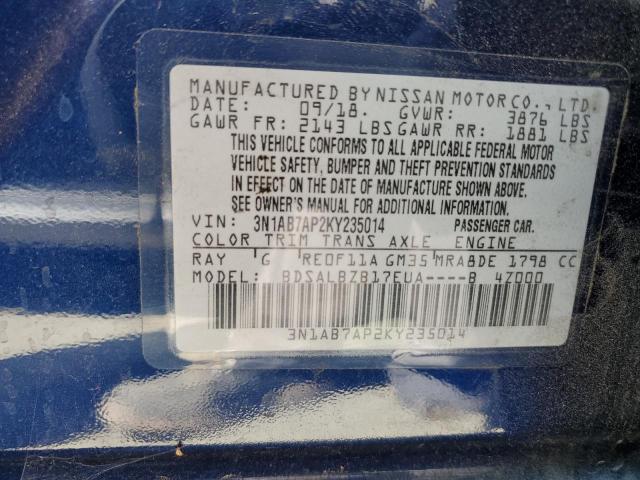 3N1AB7AP2KY235014 - 2019 NISSAN SENTRA S BLUE photo 13