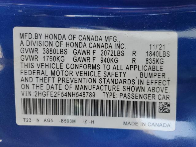 2HGFE2F54NH548789 - 2022 HONDA CIVIC SPORT BLUE photo 12