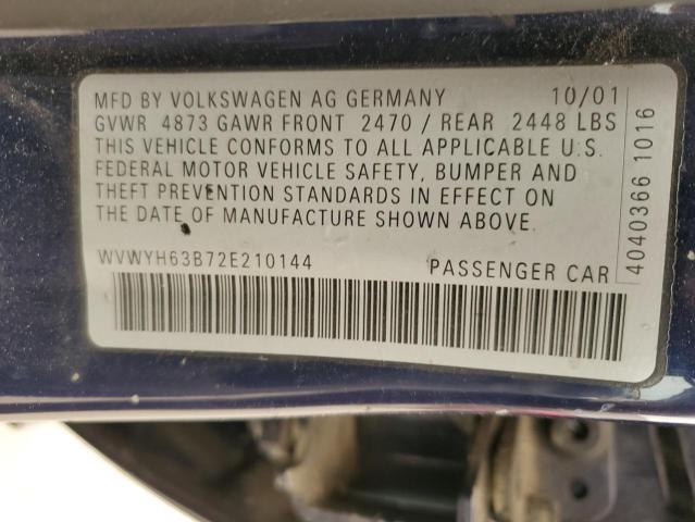 WVWYH63B72E210144 - 2002 VOLKSWAGEN PASSAT GLX 4MOTION BLUE photo 13