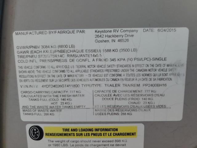 4YDT24026GT411800 - 2016 KEYSTONE PASSPORT 米色 照片 8