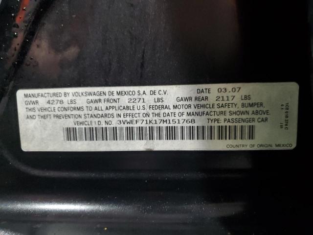 3VWEF71K17M151768 - 2007 VOLKSWAGEN JETTA WOLFSBURG 黑色 照片 12