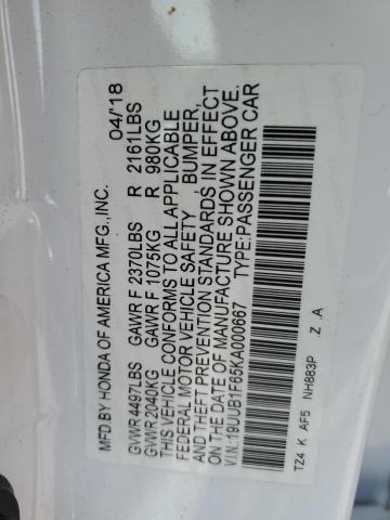 19UUB1F65KA000667 - 2019 ACURA TLX TECHNOLOGY WHITE photo 12