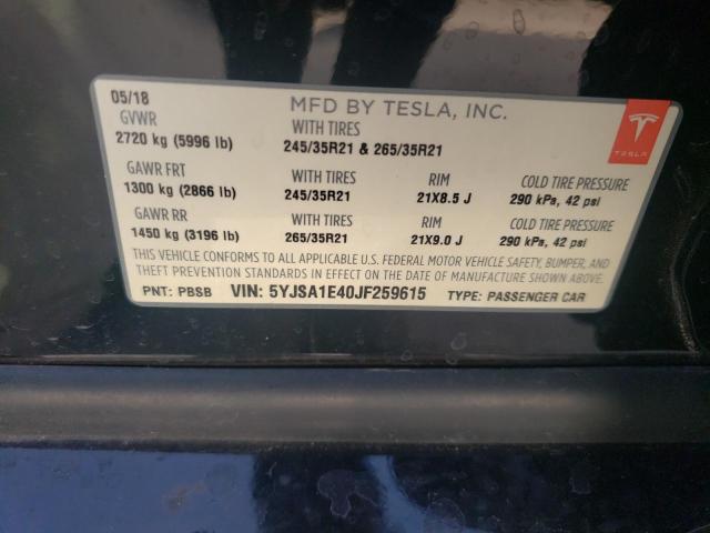 5YJSA1E40JF259615 - 2018 TESLA MODEL S შავი ფოტო 12