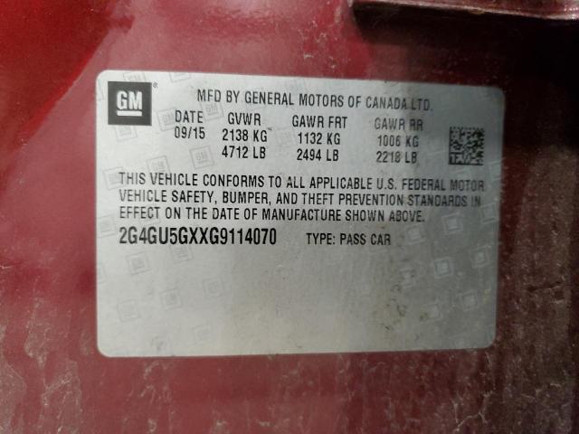 2G4GU5GXXG9114070 - 2016 BUICK REGAL GS MAROON photo 12