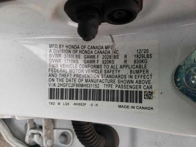 2HGFC2F86MH531152 - 2021 HONDA CIVIC SPORT 白色 照片 12