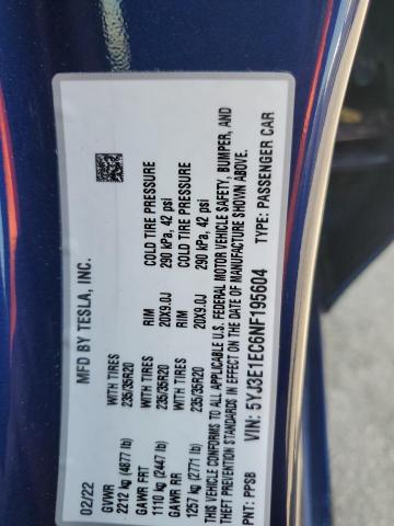 5YJ3E1EC6NF195604 - 2022 TESLA MODEL 3 BLUE photo 13