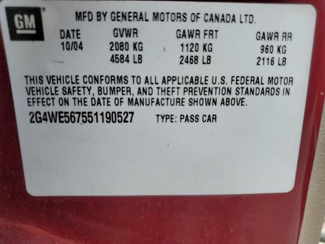 2G4WE567551190527 - 2005 BUICK LACROSSE CXS MAROON photo 12