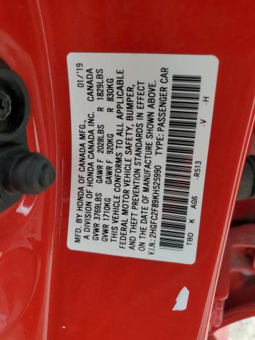 2HGFC2F89KH525990 - 2019 HONDA CIVIC SPORT 红色 照片 12