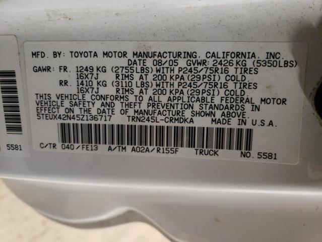 5TEUX42N45Z136717 - 2005 TOYOTA TACOMA ACCESS CAB თეთრი ფოტო 12