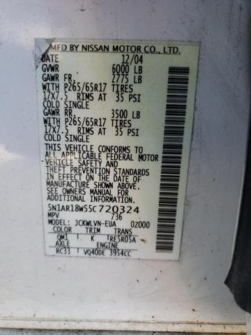 5N1AR18W55C720324 - 2005 NISSAN PATHFINDER LE WHITE photo 12