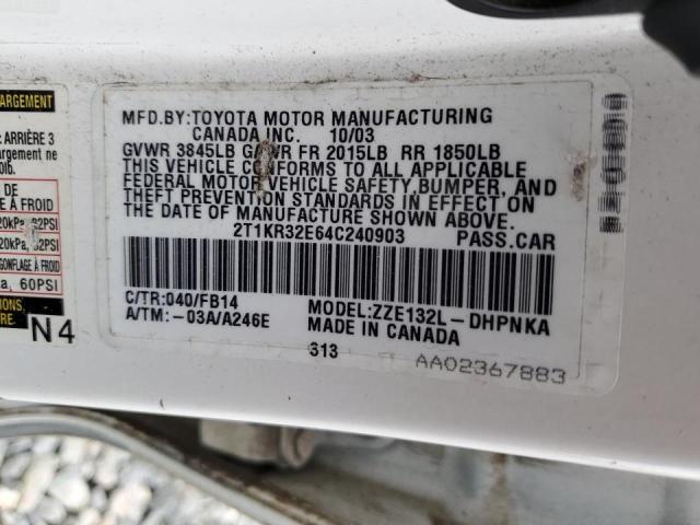 2T1KR32E64C240903 - 2004 TOYOTA COROLLA MA XR WHITE photo 10
