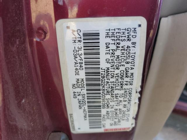 JT2BG22K8V0098399 - 1997 TOYOTA CAMRY LE MAROON photo 12