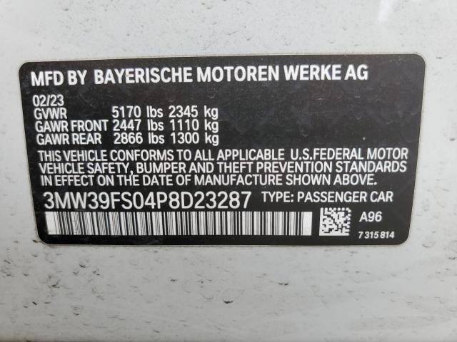 3MW39FS04P8D23287 - 2023 BMW 330XE WHITE photo 13