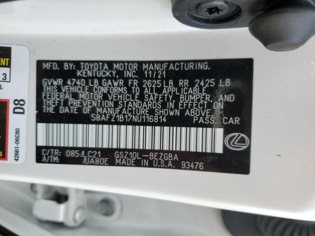 58AFZ1B17NU116814 - 2022 LEXUS ES 350 BASE WHITE photo 12