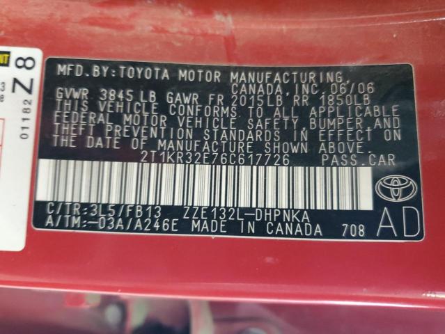 2T1KR32E76C617726 - 2006 TOYOTA COROLLA MA XR RED photo 12