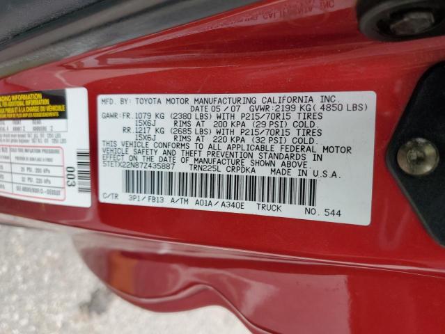 5TETX22N87Z435887 - 2007 TOYOTA TACOMA ACCESS CAB წითელი ფოტო 12