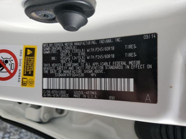 5TDKKRFH7FS044538 - 2015 TOYOTA HIGHLANDER XLE WHITE photo 13
