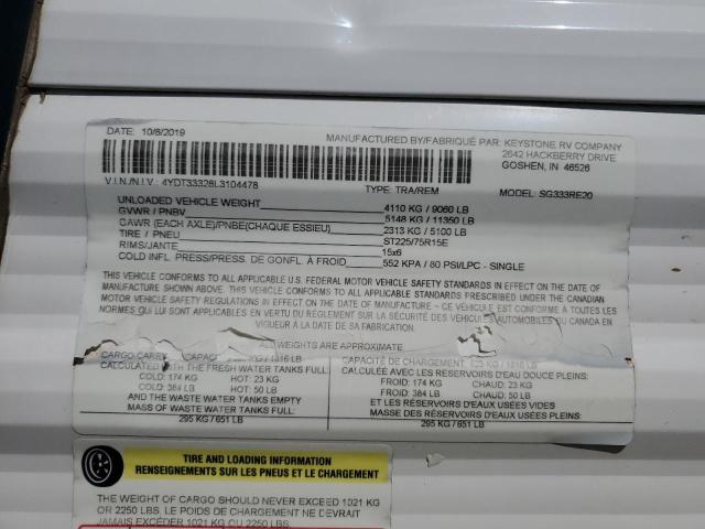 4YDT33328L3104478 - 2020 CAMPER KEYSTONE 灰色 照片 10