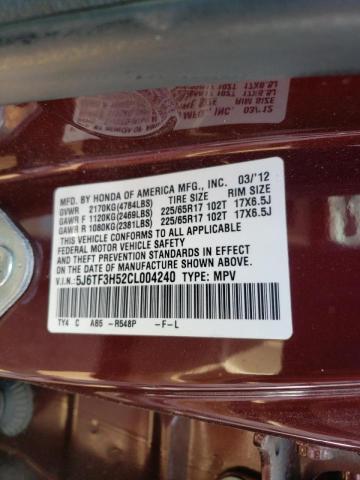 5J6TF3H52CL004240 - 2012 HONDA CROSSTOUR EXL ბურგუნდია ფოტო 10