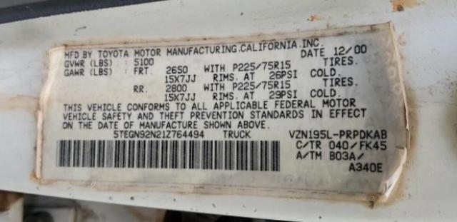 5TEGN92N21Z764494 - 2001 TOYOTA TACOMA DOUBLE CAB PRERUNNER WHITE photo 12