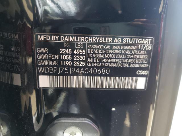 WDBPJ75J94A040680 - 2004 MERCEDES-BENZ CL 500 BLACK photo 12