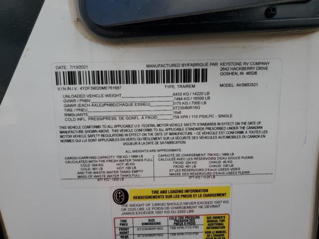 4YDF39020ME761687 - 2021 KEYSTONE AVALANCHE თეთრი ფოტო 10