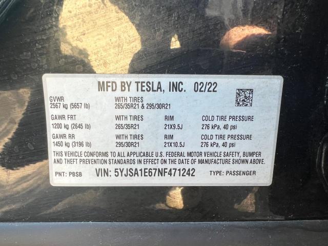 5YJSA1E67NF471242 - 2022 TESLA MODEL S 黑色 照片 10