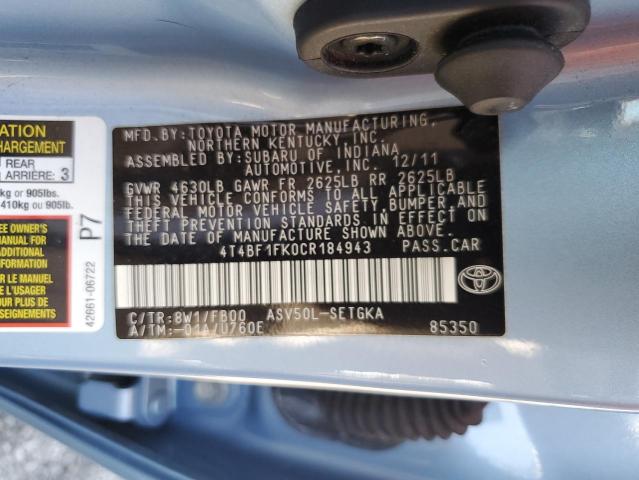 4T4BF1FK0CR184943 - 2012 TOYOTA CAMRY BASE Синій фото 12