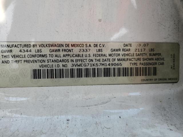 3VWEG71K57M149065 - 2007 VOLKSWAGEN JETTA WOLFSBURG 白色 照片 12