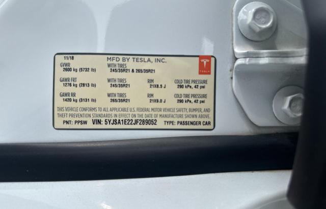 5YJSA1E22JF289052 - 2018 TESLA MODEL S 白色 照片 10